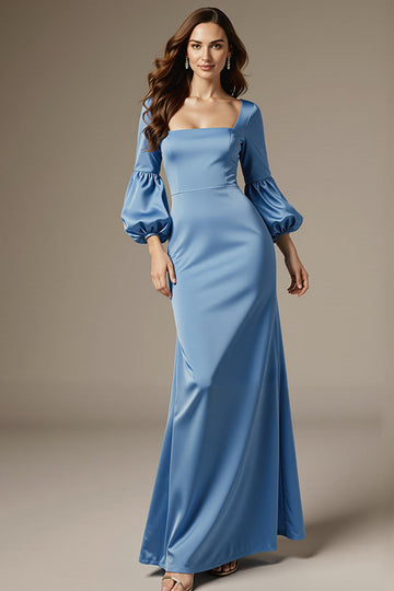 Robe formelle à manches longues sirène en satin bleu ciel à col carré